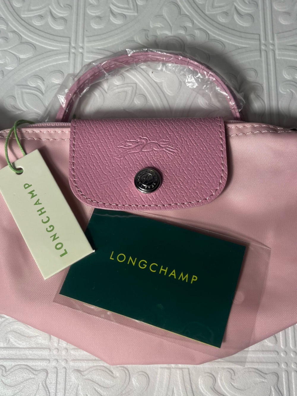 NWT Longchamp LE PLIAGE ORIGINAL POUCH WITH HANDLE Pink Tea Pink Leather Canvas - Picture 10 of 11